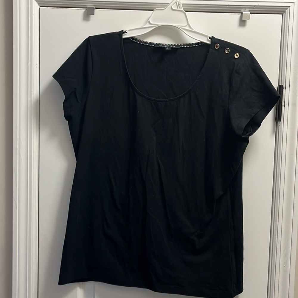 Black, short sleeve, Jones NY cotton top. 3 hold buttons on shoulder. Size large